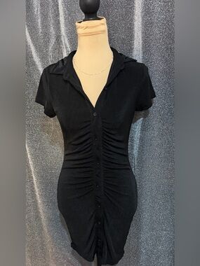 Fashion Nova Black Ruched Button-Down Shirt Dress